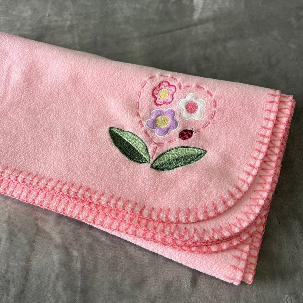 Baby Connection Vtg Fleece Blanket‎ 30x30 Embroidred Pink Floral Heart Ladybug